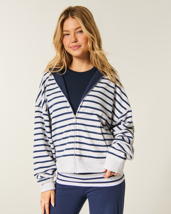Hollister Feel Good Reversible Striped Zip-Up Hoodie, Navy-grey view 2