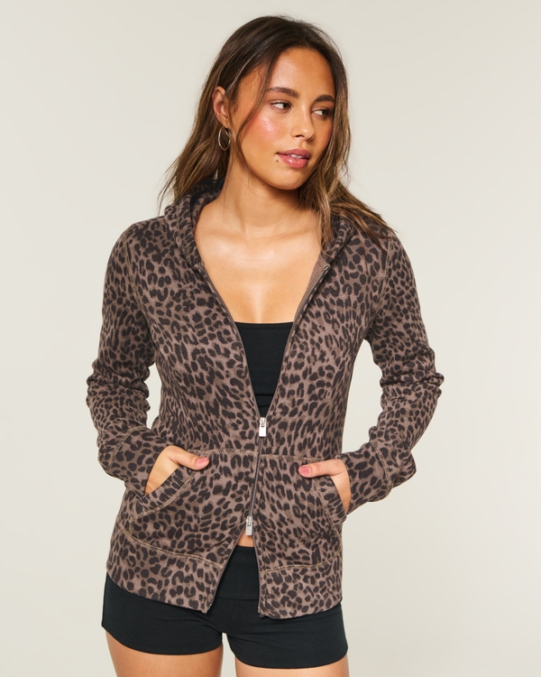 Hollister Feel Good Leopard Print Zip-Up Hoodie, Leopard Print view 1