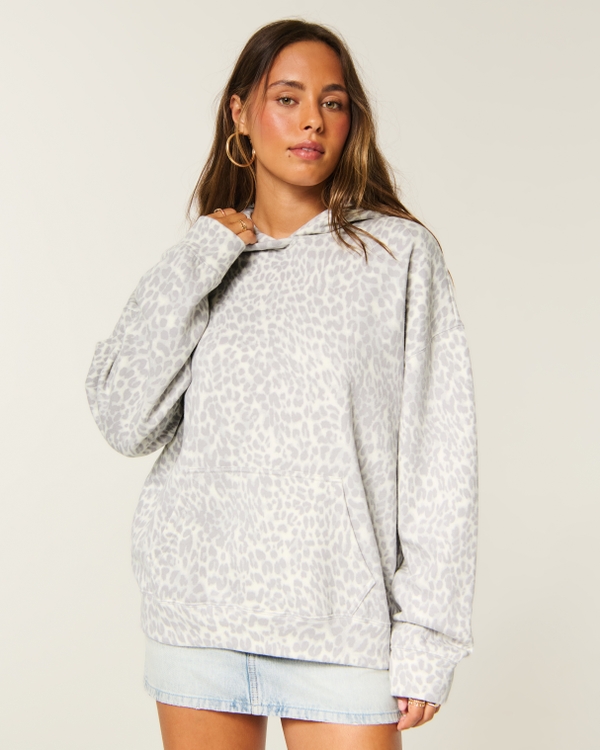 Hollister Feel Good Oversized Light Leopard Print Hoodie, Light Grey view 1