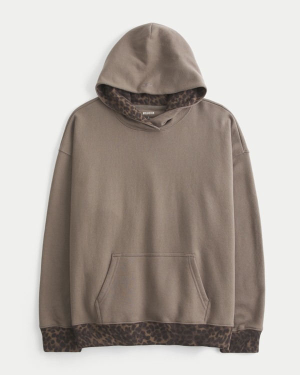Oversized Leopard Trim Hoodie, Light Brown Print view 1