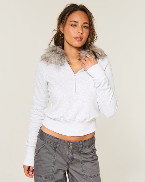 Faux Fur Trim Half-Zip Hoodie, Light Heather Grey view 1