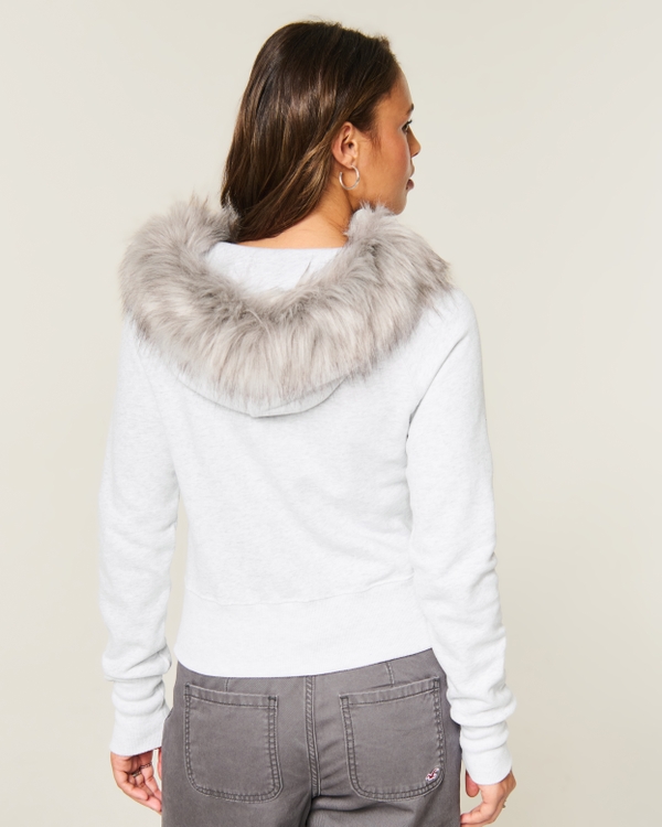 Faux Fur Trim Half-Zip Hoodie, Light Heather Grey view 2