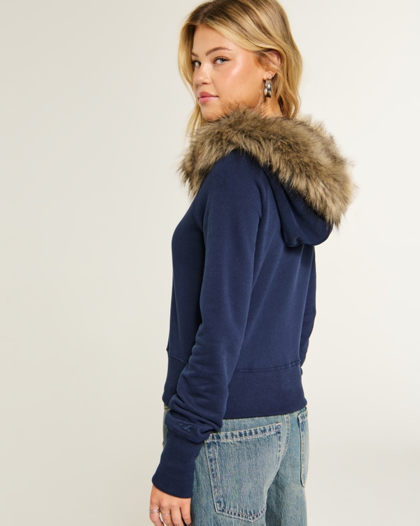 Faux Fur Trim Half-Zip Hoodie, Navy view 2