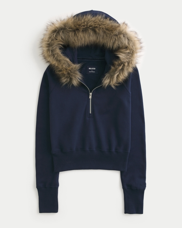 Women's Faux Fur Trim Half-Zip Hoodie | Women's Clearance