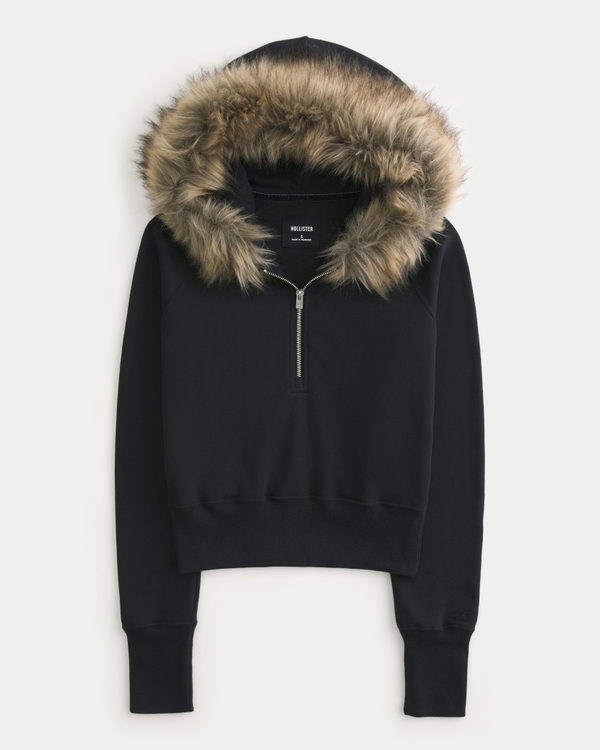 Faux Fur Trim Half-Zip Hoodie, Black view 1