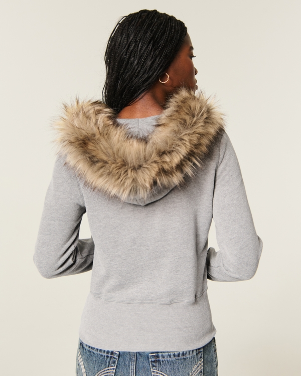 Hollister Feel Good Faux Fur Trim Zip-Up Hoodie, Heather Grey view 2