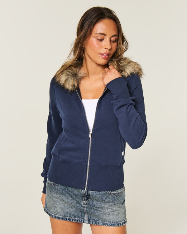 Hollister Feel Good Faux Fur Trim Zip-Up Hoodie, Navy view 1