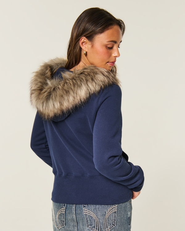 Hollister Feel Good Faux Fur Trim Zip-Up Hoodie, Navy view 2