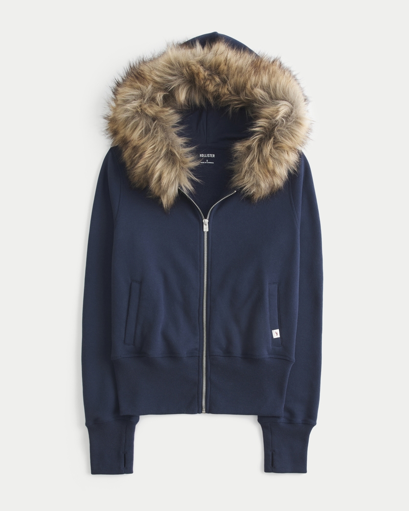 holister ホリスター　ネイビー　ファー　フーディ　ジップアップ Women's Hollister Feel Good Faux Fur Trim Zip-Up Hoodie | Women's