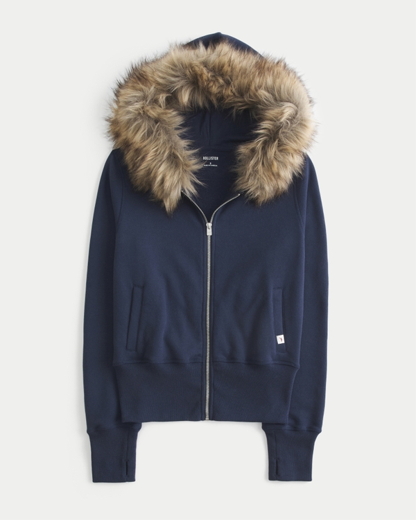 holister ホリスター　ネイビー　ファー　フーディ　ジップアップ Women's Hollister Feel Good Faux Fur Trim Zip-Up Hoodie | Women's