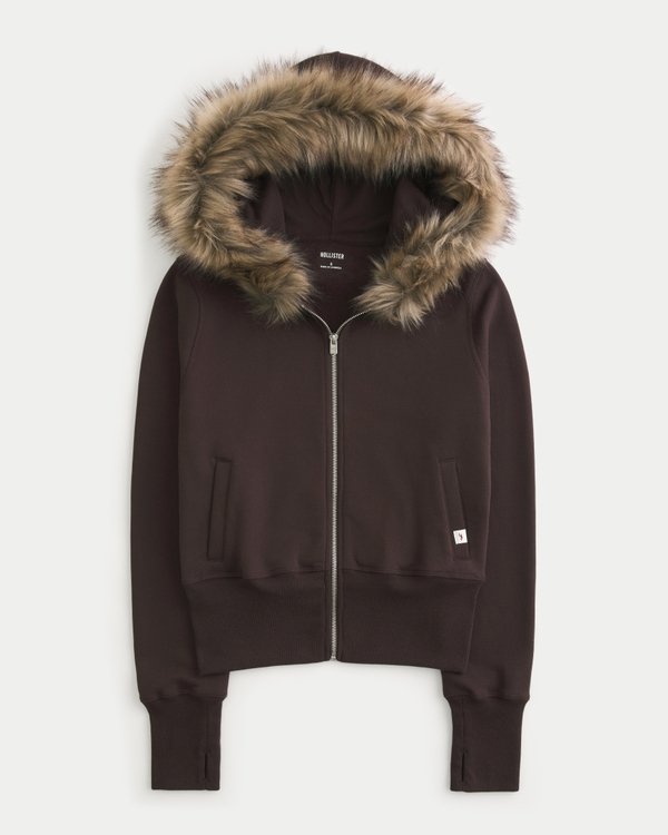 Hollister Feel Good Faux Fur Trim Zip-Up Hoodie, Espresso view 1