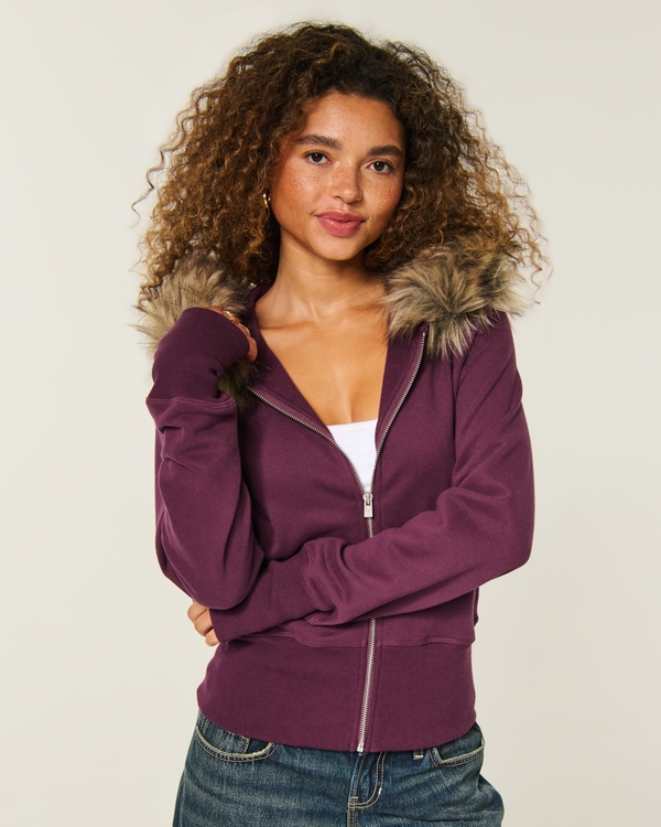 Hollister Feel Good Faux Fur Trim Zip-Up Hoodie, Burgundy view 1