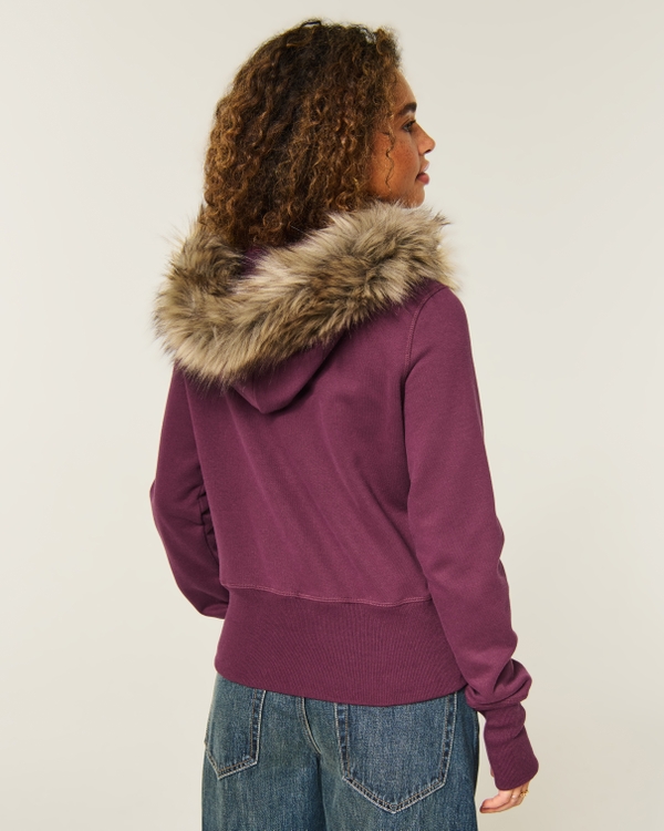 Hollister Feel Good Faux Fur Trim Zip-Up Hoodie, Burgundy view 2