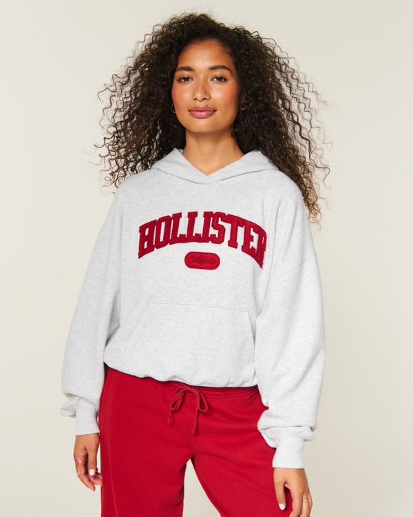 Hollister Feel Good Easy Logo Graphic Hoodie, Light Heather Grey view 1