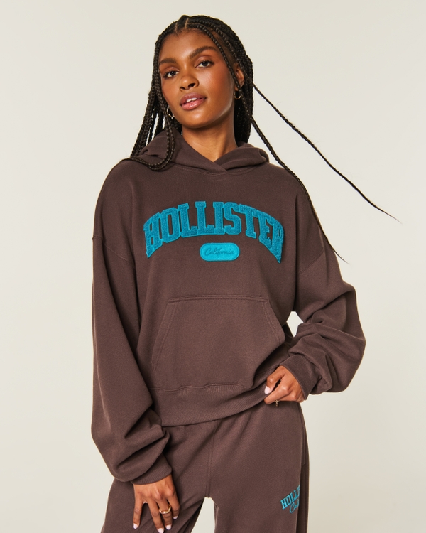 Hollister Feel Good Easy Logo Graphic Hoodie, Brown view 1