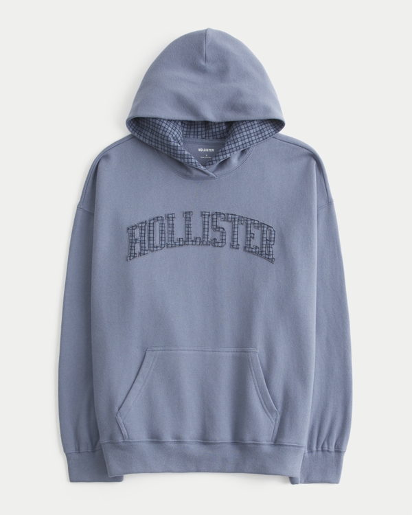 Hollister Feel Good Oversized Plaid Logo Graphic Hoodie, Dark Blue view 1