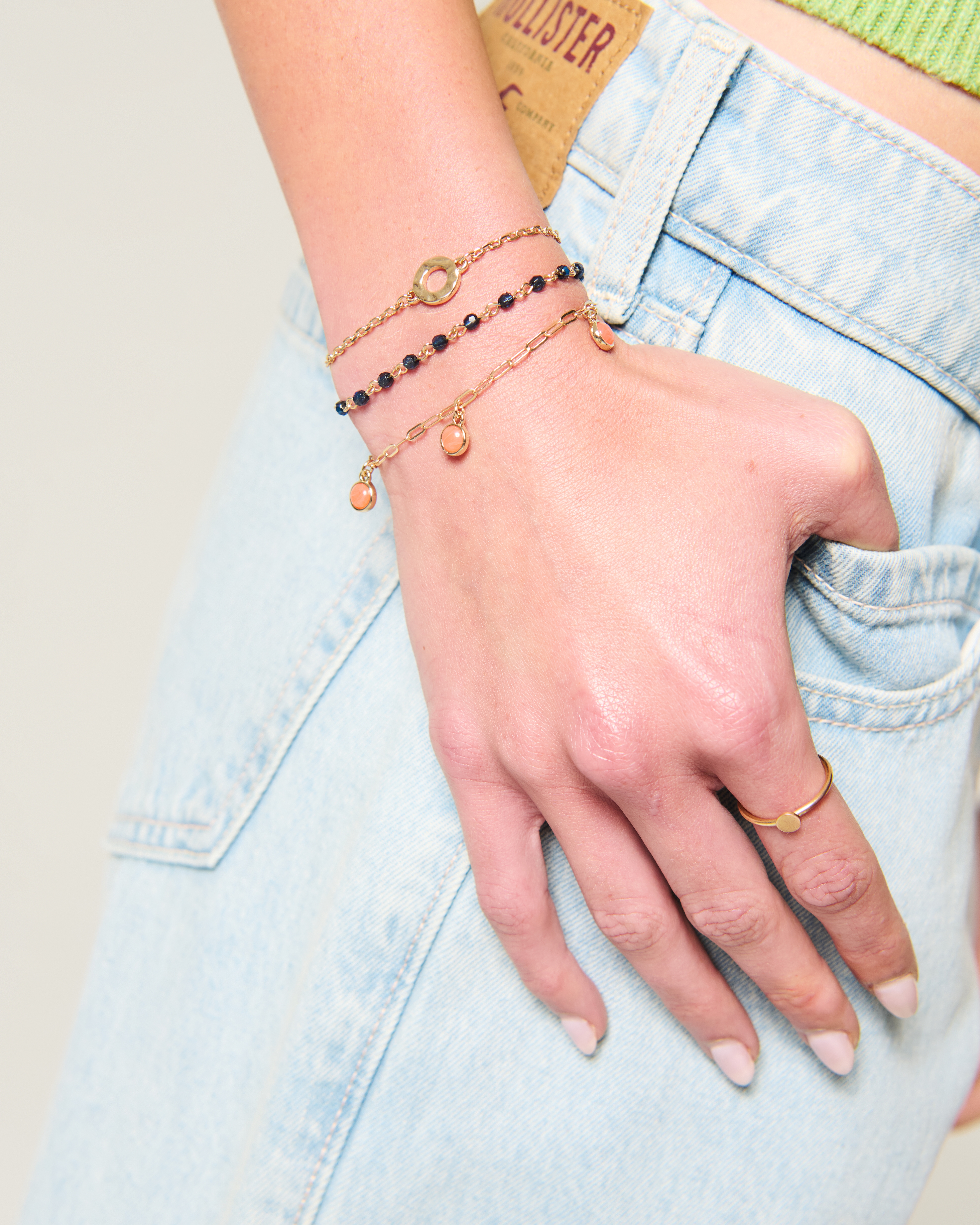 Gold Beaded & Ring Charm Bracelet 3-Pack