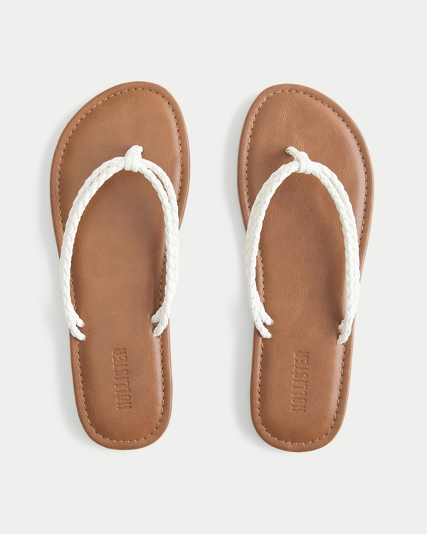 White Braided Double Strap Faux Leather Flip Flops, White view 1