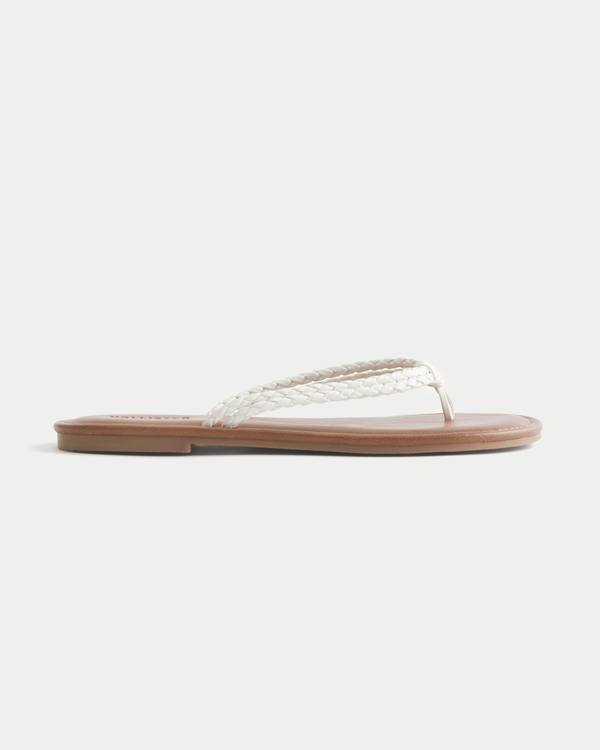White Braided Double Strap Faux Leather Flip Flops, White view 2
