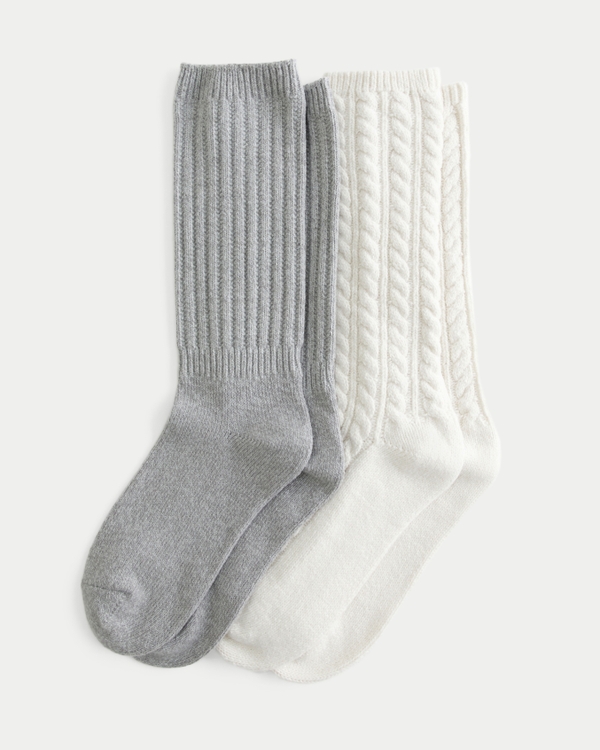 Cable-Knit Socks 2-Pack, Light Grey-cloud White