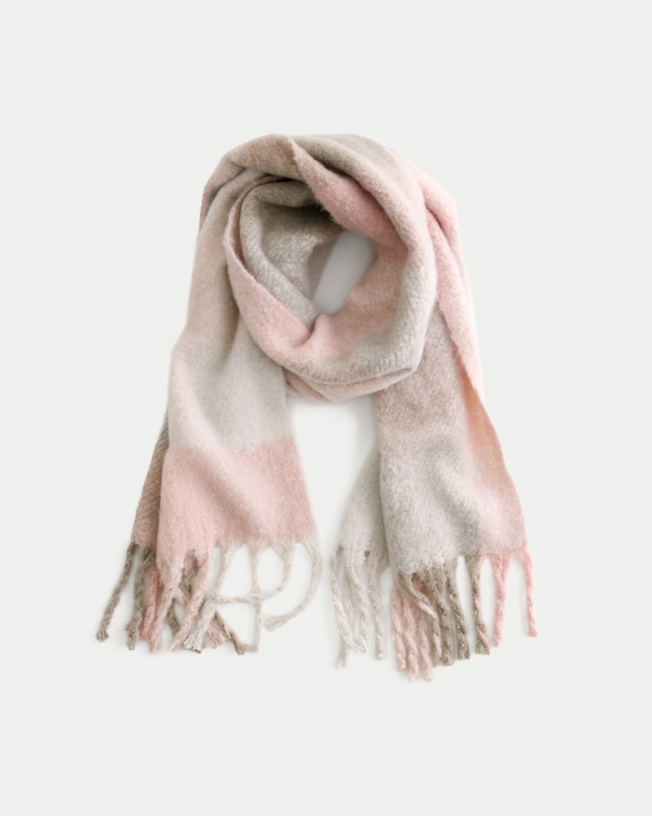 Fuzzy Scarf, Pink And Tan Check