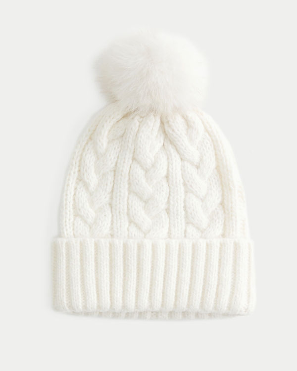 Cable-Knit Pom Pom Beanie, Cloud White