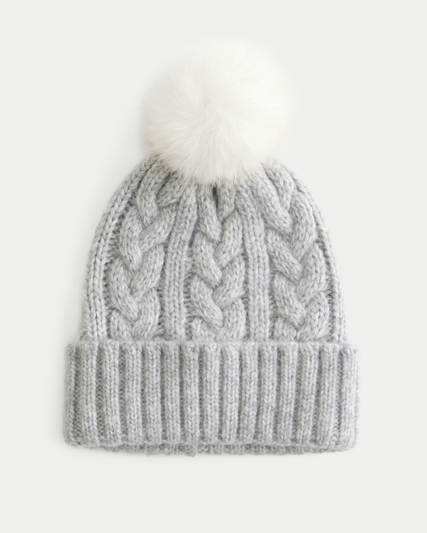 Cable-Knit Pom Pom Beanie, Light Grey