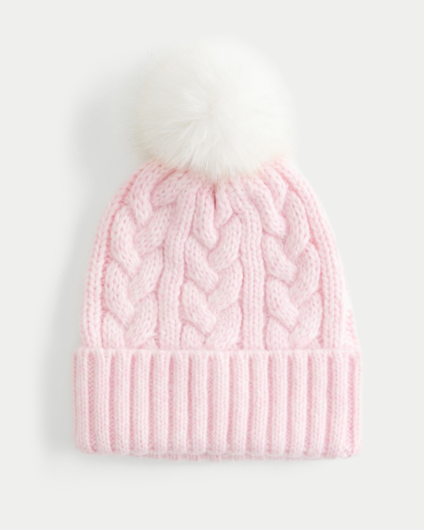 Cable-Knit Pom Pom Beanie, Light Pink