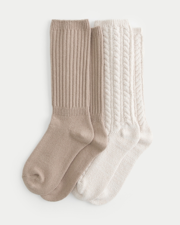 Cable-Knit Socks 2-Pack, Light Brown-cream