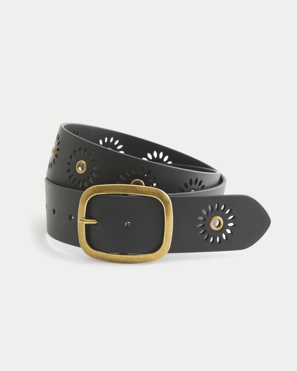 Sunburst Grommet Vegan Leather Belt, Black-gold view 1