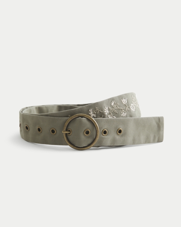 Twill Floral Embroidery Belt, Olive view 1