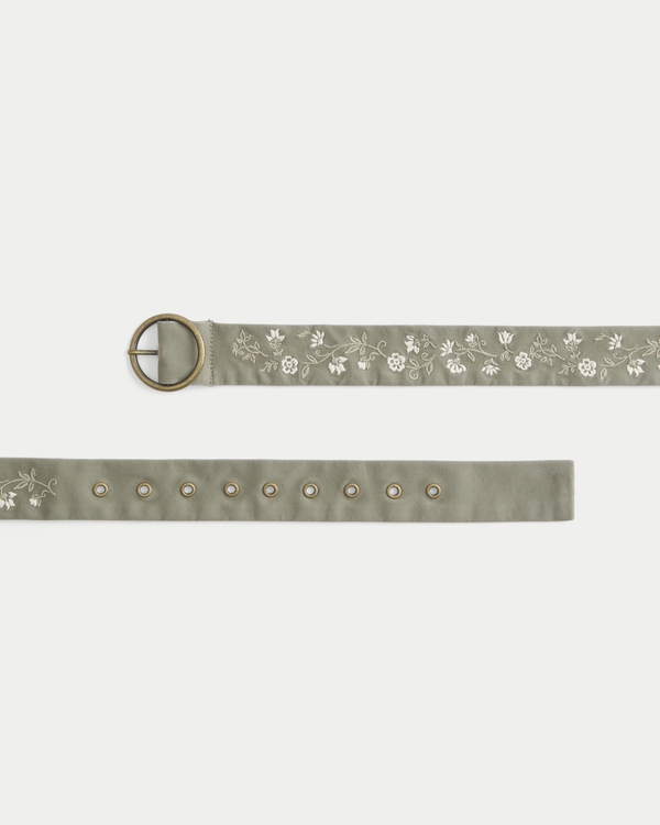 Twill Floral Embroidery Belt, Olive view 2