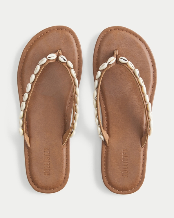 Puka Shell Faux Leather Flip Flops, Light Brown Lace view 2