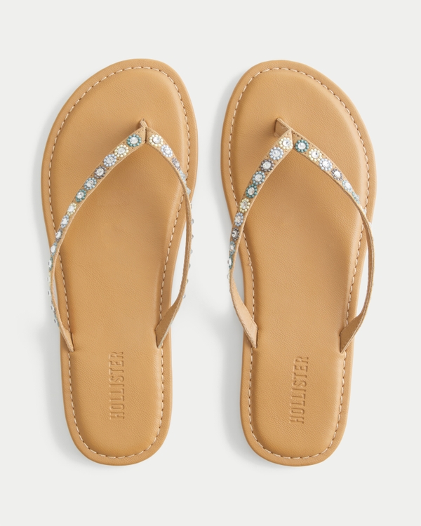 Colorful Embellished Faux Leather Flip Flops, Cream view 1