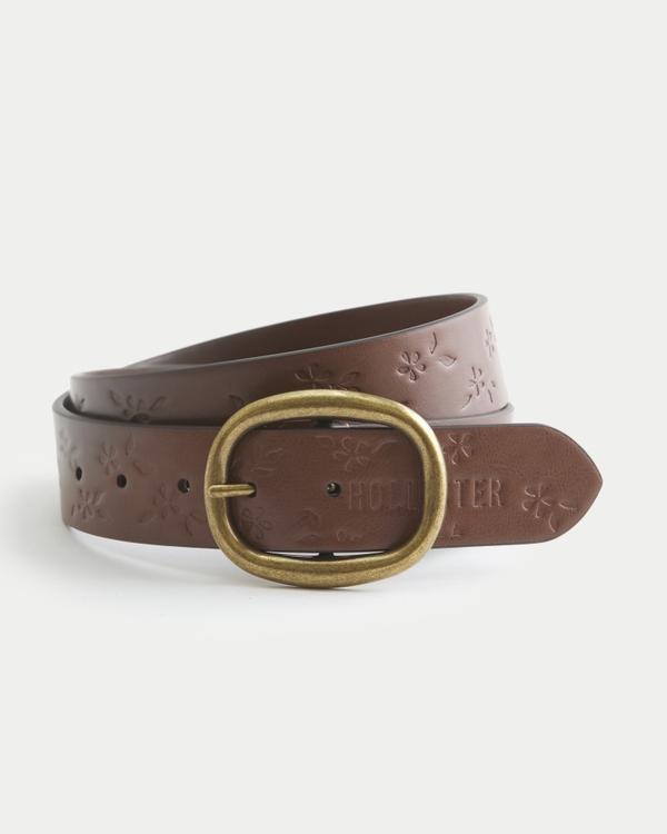 Embossed Floral Faux Leather Belt, Brown view 1
