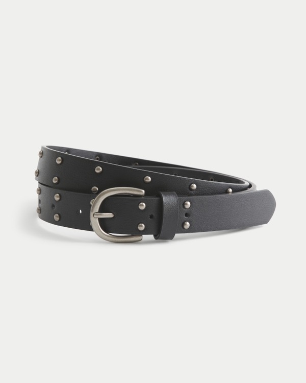Studded Skinny Faux Leather Belt, Black view 1