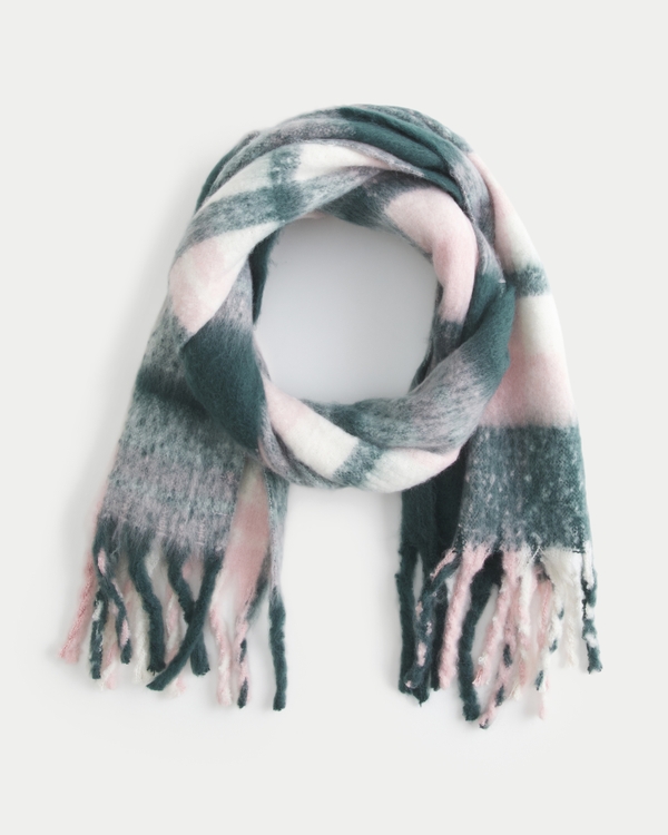 Woven Fringe Scarf, Dark Green Plaid view 2