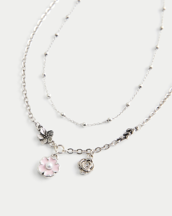 Flower Necklace 2-Pack, Silver 2 Pk view 2