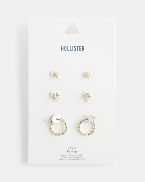 Palm Tree Stud & Hoop Earring 3-Pack, Gold 3 Pk view 2