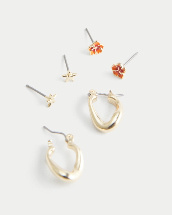 Hibiscus & Hoop Earring 3-Pack, Gold 3 Pk view 1