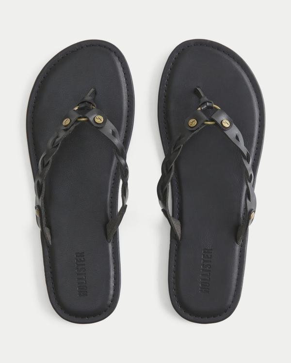 Braided Stud Palm Tree Pattern Flip Flops, Black view 1