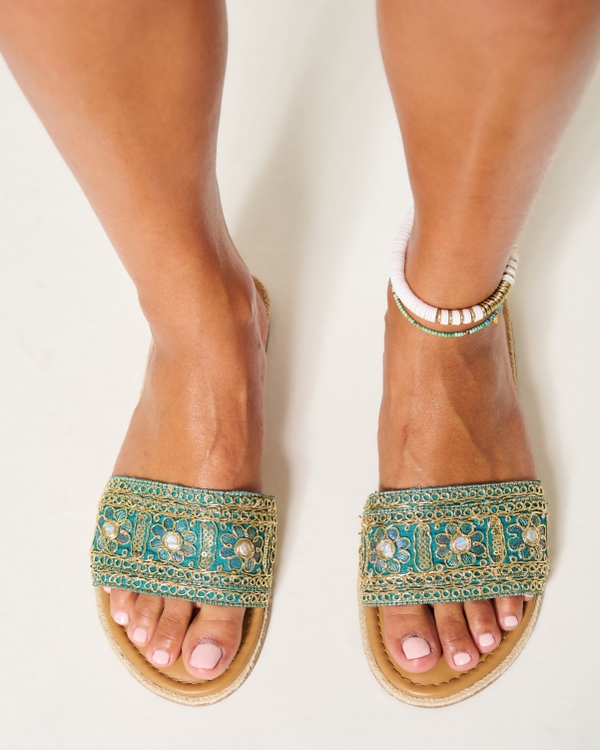 Embellished Embroidery Slides, Teal Embellishment view 2