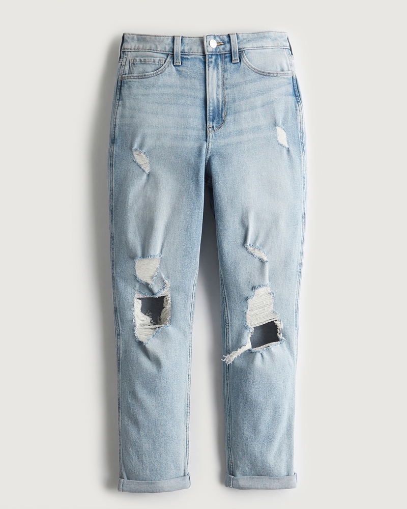 Hollister High Rise Vintage Straight Distressed Jeans in Light Blue Wash -  3R