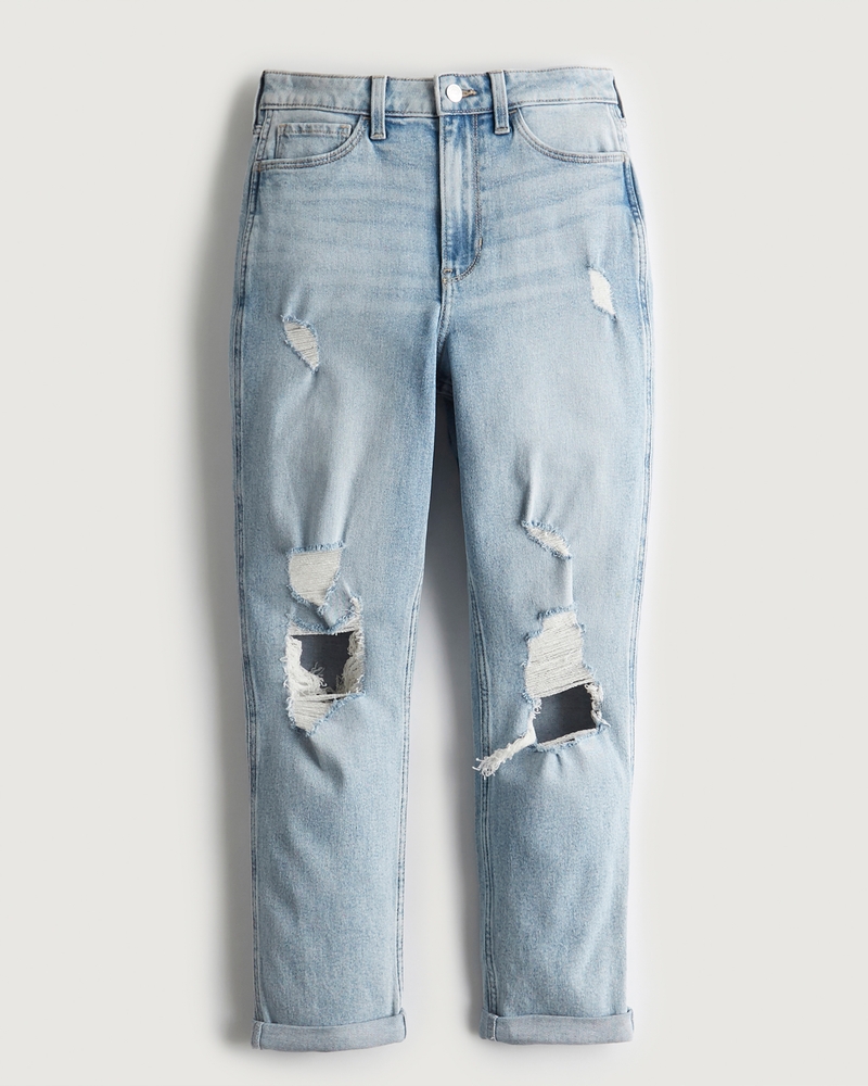 Women's Ultra High-Rise Ripped Light Wash Mom Jeans