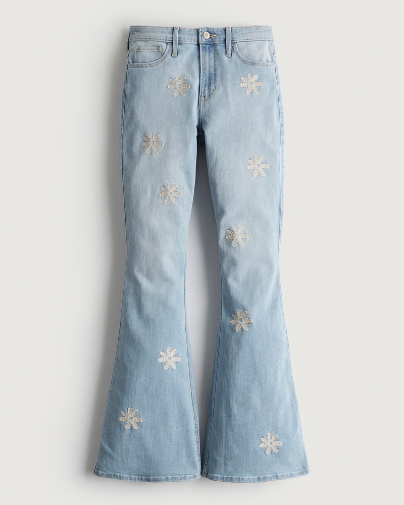 High-Rise Light Wash Floral Embroidery Flare Jeans