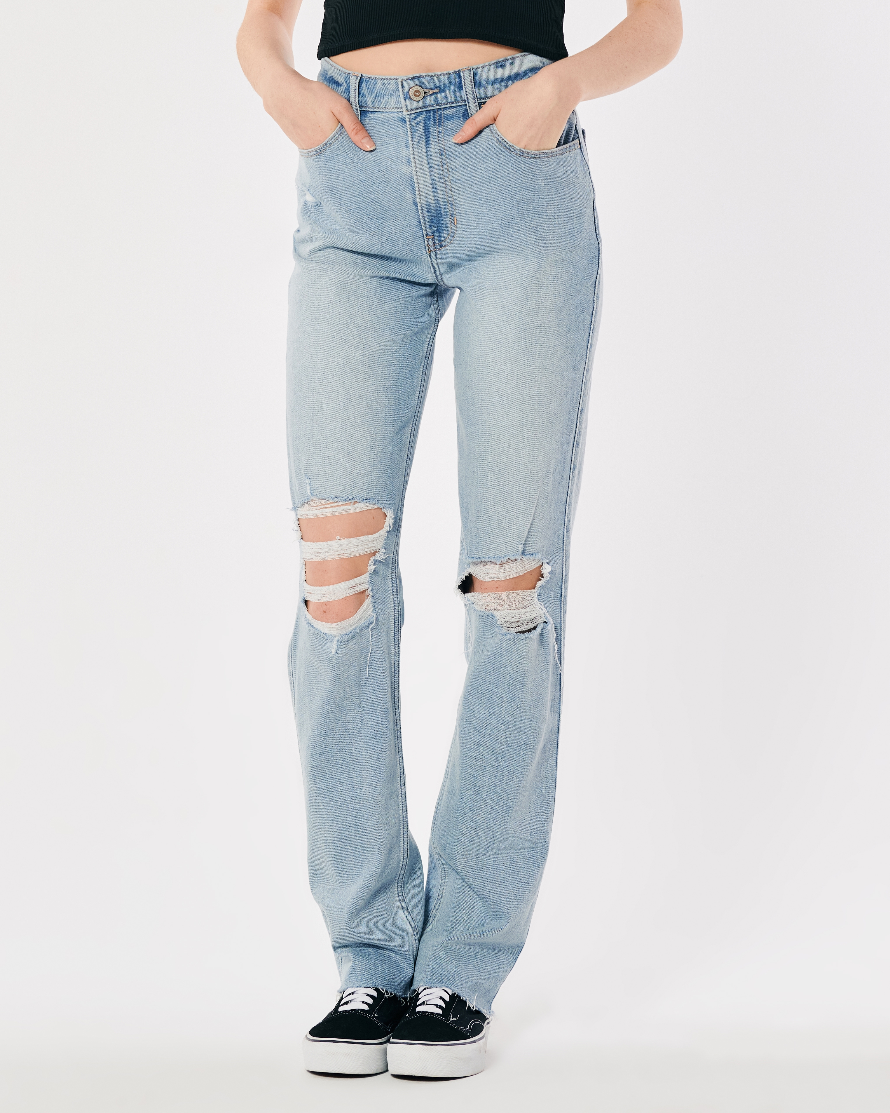 Women's Ultra High-Rise Ripped Light Wash 90s Straight Jeans