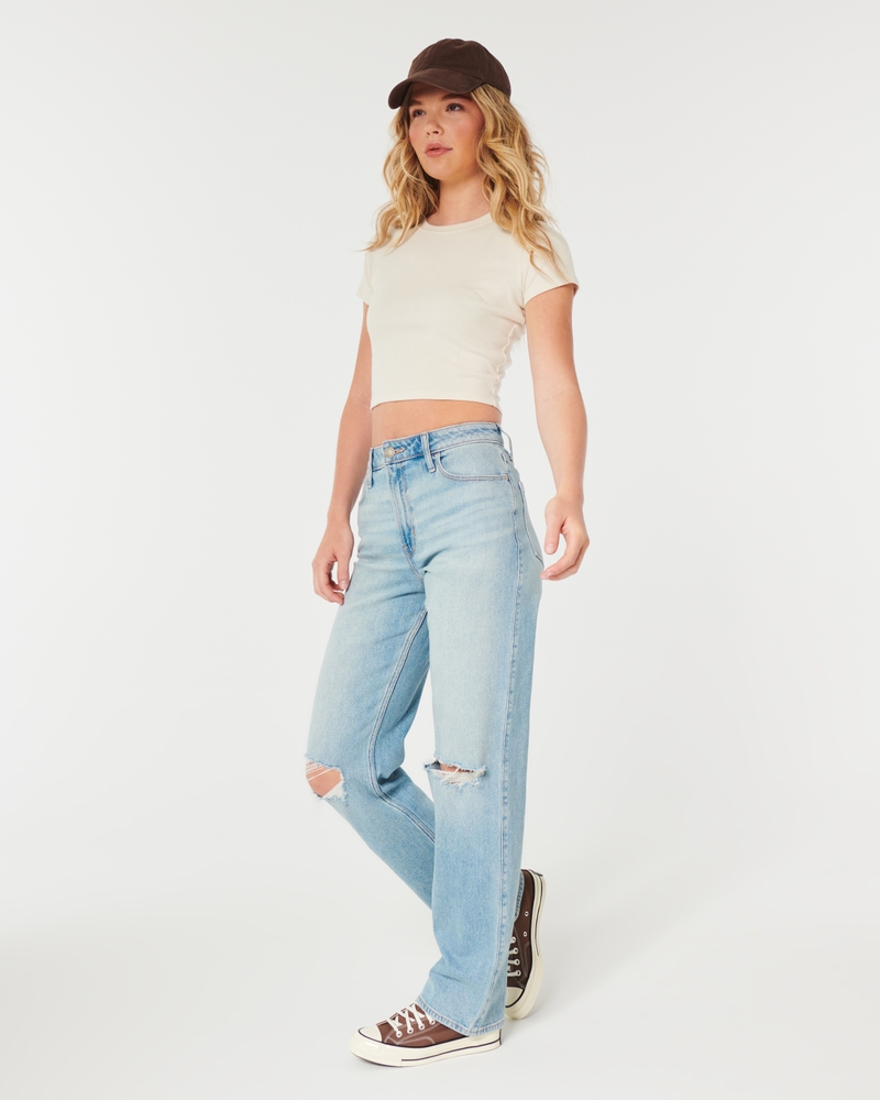 Women's Ultra High-Rise Ripped Light Wash Dad Jeans, Women's Bottoms