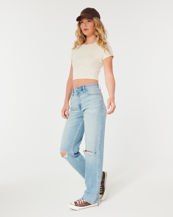 Ultra High-Rise Ripped Light Wash Dad Jeans, Light Ripped Wash