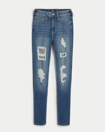 Women's High-Rise Ripped Medium Wash Super Jeans Bottoms | HollisterCo.com