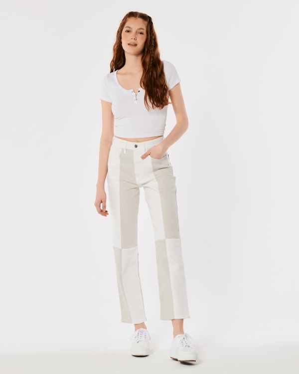 Ultra High-Rise White Patchwork Vintage Ankle Straight Jeans, Cream view 1
